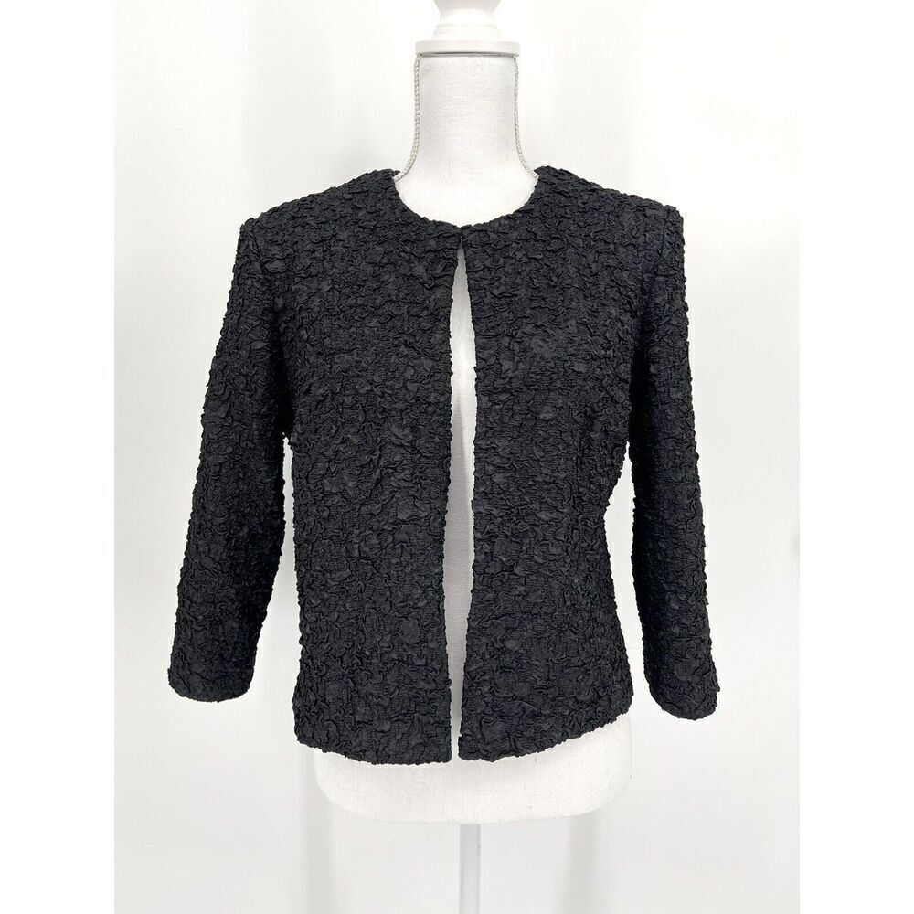 Vintage Cachet Crinkle Scrunch Stretch Black Satin Evening Jacket Women’s Size L
